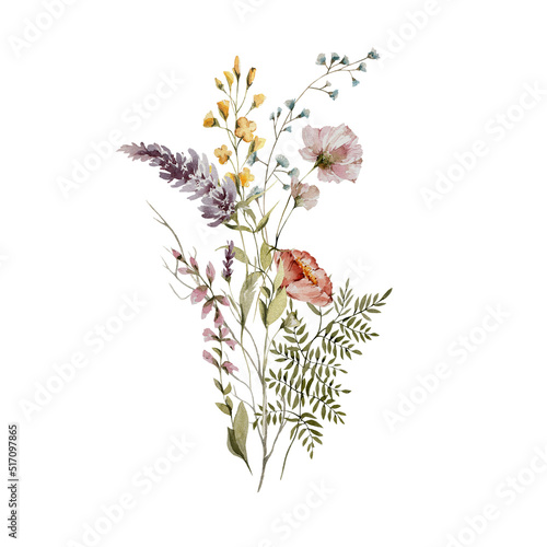 Watercolor floral bouquet. Hand painted set of greenery, wildflowers, herbs. Green leaves, field flowers isolated on white background. Botanical illustration for design, print or background