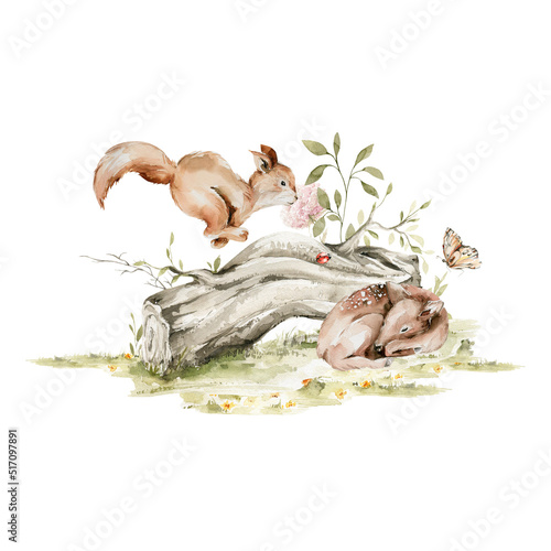 Canvas Print Watercolor nursery woodland composition with character