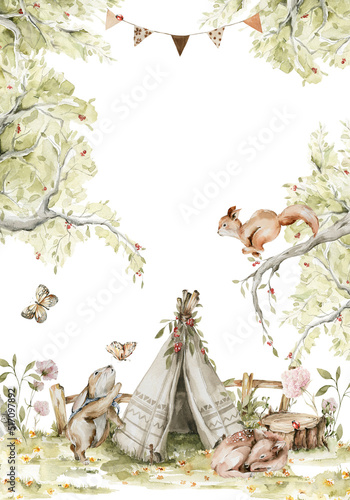 Watercolor nursery frame. Hand painted woodland border of cute baby animals in wild, forest landscape, tree, squirrel, bunny, rabbit, tent. illustration for baby shower design, kids print, wall art photo
