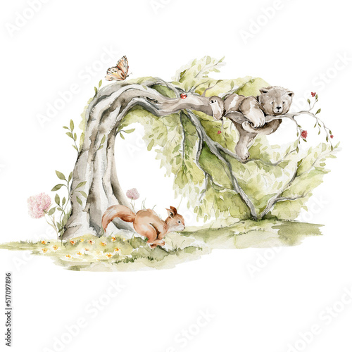 Canvas Print Watercolor nursery woodland composition with character