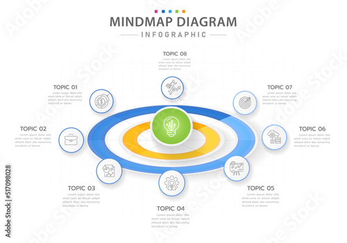 Infographic template for business. 8 Steps Modern Mindmap diagram with circle topics, presentation vector infographic.