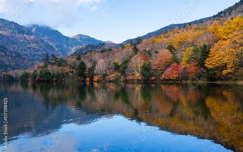 Beautiful autumn landscape with reflection against blue sky. Colorful mountain at Nikko, Japan.