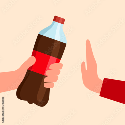 Hand gesture say no to soda drink beverage in flat design. Stop unhealthy drinking.