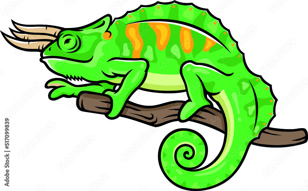 Obraz premium Chameleon with Three Horns and Fins Walking on the Branch
