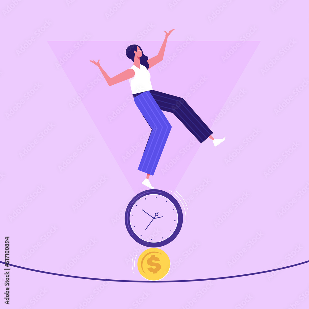 Woman balancing between time and money, balance concept Woman balancing between time and money, balance concept