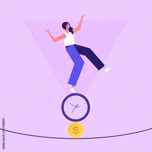 Woman balancing between time and money,  balance concept