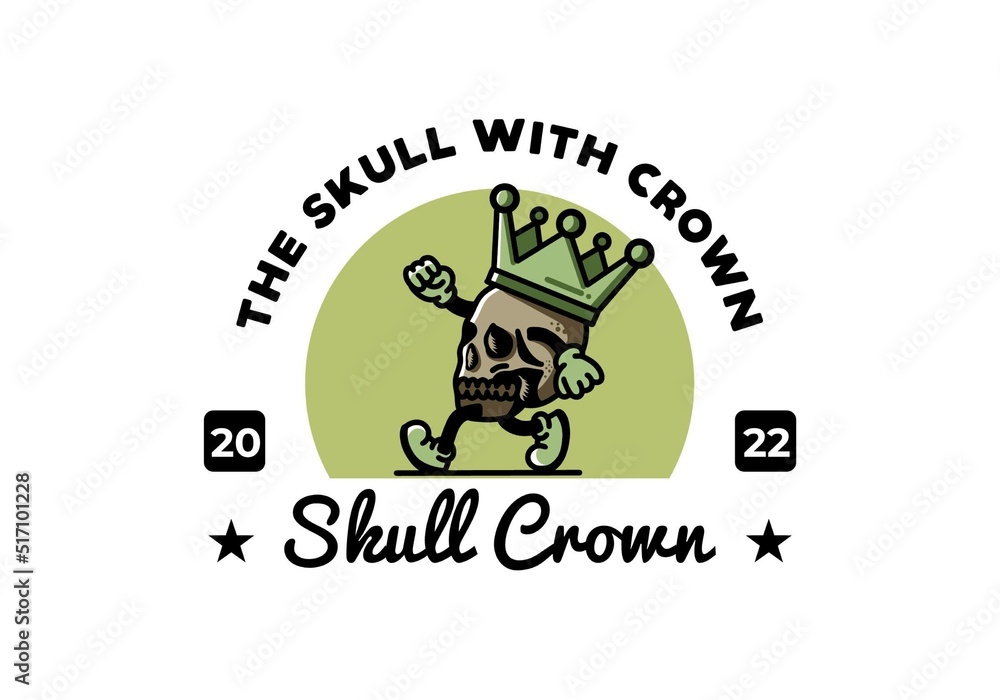 Fototapeta premium Walking skull illustration wearing a big crown