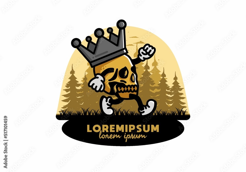 Fototapeta premium Walking skull illustration wearing a big crown