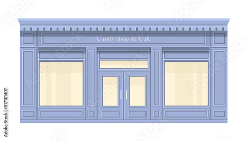 Candy Shop blue color. Sweet market.   Confectionery store facade with showcase isolated on white background. Sweets selling concept.  Boutique sweet shop and cafe. Luxury store shop