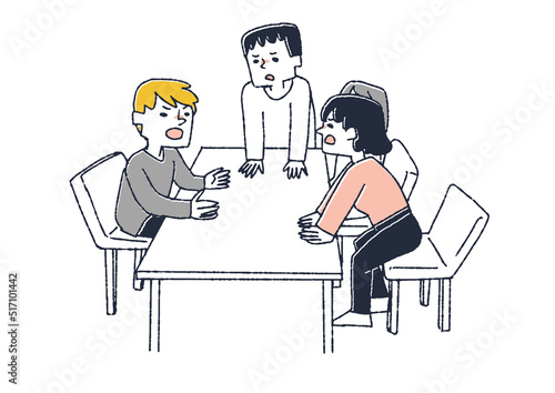 机で行われる激しい言い争い　言い争いや議論をする人々　主張や意見の食い違い
