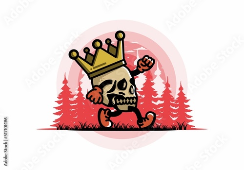 Walking skull illustration wearing a big crown