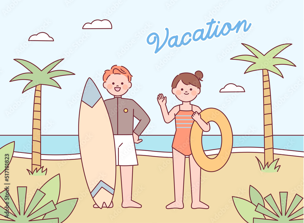 Summer vacation poster. Cute man and woman greeting each other with surfboards and swimming tubes. Tropical island background. flat design style vector illustration. Summer vacation poster. Cute man and woman greeting each other with surfboards and swimming tubes. Tropical island background. flat design style vector illustration.