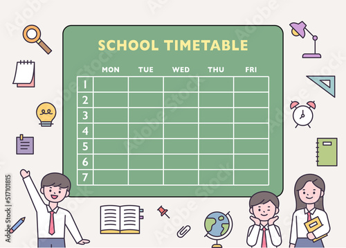 Cute student characters in front of school class time table. school icons. flat design style vector illustration.