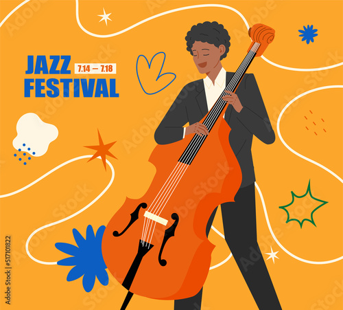 A jazz bassist in a suit is performing. Jazz festival poster. flat design style vector illustration.