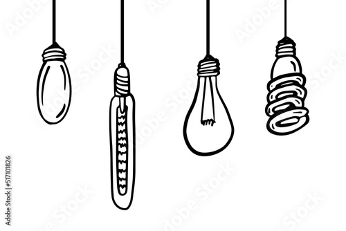 Multiple Hanging Bulbs set. Energy Saving lamp vector Concept. Doodle line icons.Hand drawn lamps hanging on the wires.