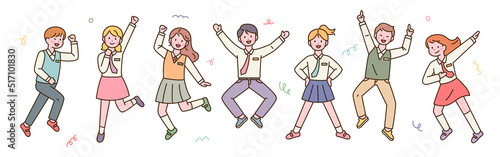 Cute students in school uniforms are jumping happily. flat design style vector illustration.