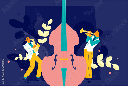 A saxophonist and a trumpet player are performing. Vivid color on a dark background. flat design style vector illustration.