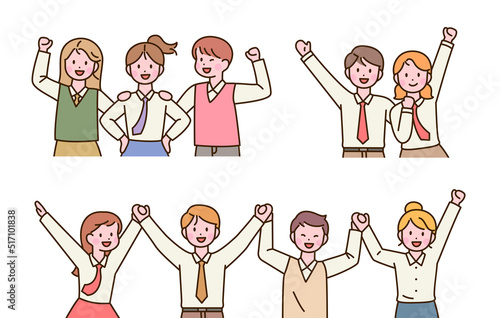 Cute student characters in school uniforms are holding hands and cheering with their friends. flat design style vector illustration.