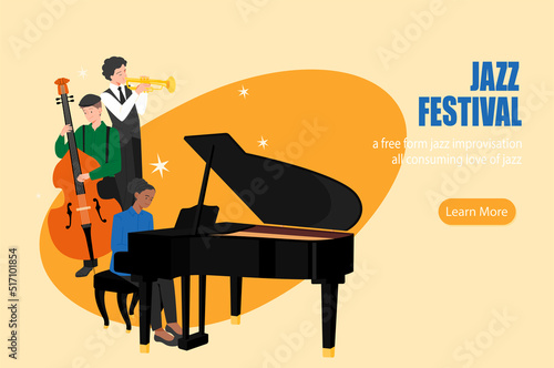 Jazz festival poster with pianist, bassist and trumpeter performing. flat design style vector illustration.