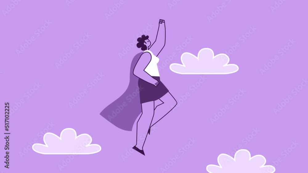 Purple Style Woman Flat Character Superhero Flies Up Out of Smartphone. Isolated Animation with Alpha Channel Purple Style Woman Flat Character Superhero Flies Up Out of Smartphone. Isolated Animation with Alpha Channel