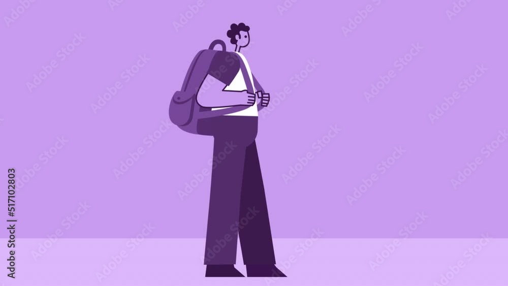 Purple Style Man Flat Character Walking Hiking with Backpack. Isolated Animation with Alpha Matters Purple Style Man Flat Character Walking Hiking with Backpack. Isolated Animation with Alpha Matters