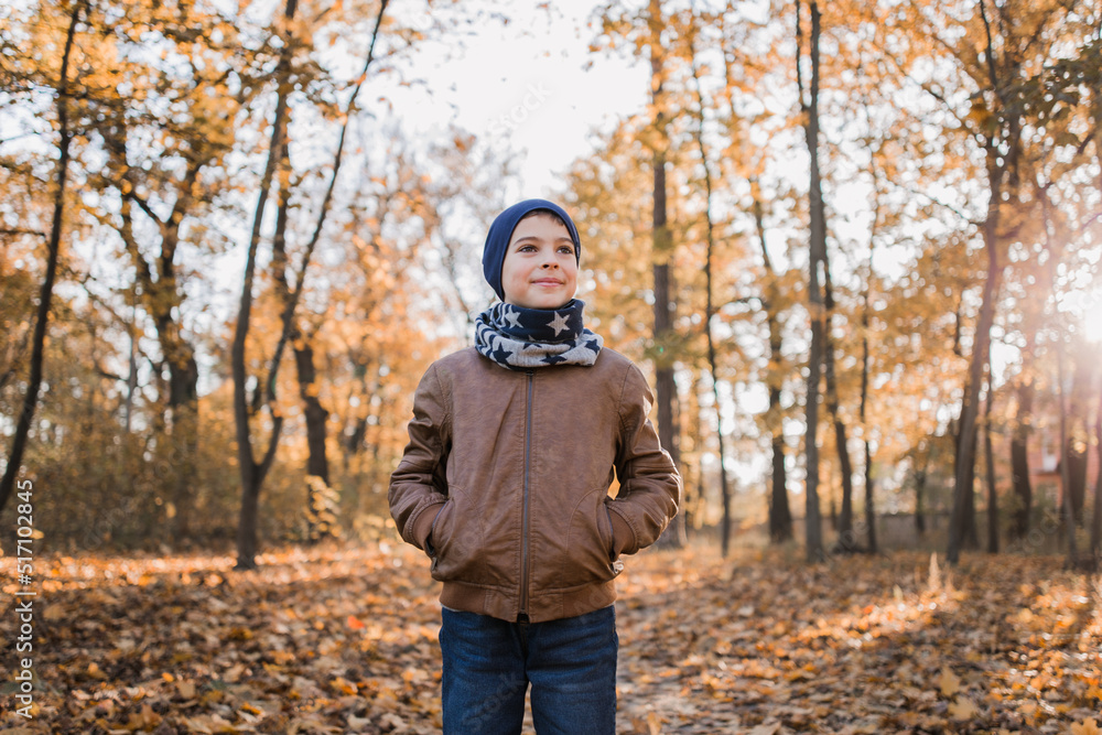 boy in a jacket in autumn in orange leaves in the park boy in a jacket in autumn in orange leaves in the park