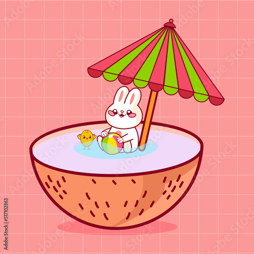 Cute bunny and bird enjoy summer vacation. 