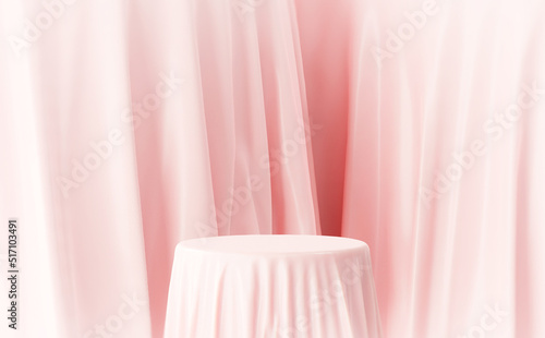 Pink fashion fabric cosmetic podium presentation stand on minimal product display 3d background with abstract luxury beauty cloth backdrop or advertising show stage pedestal and blank pastel scene.