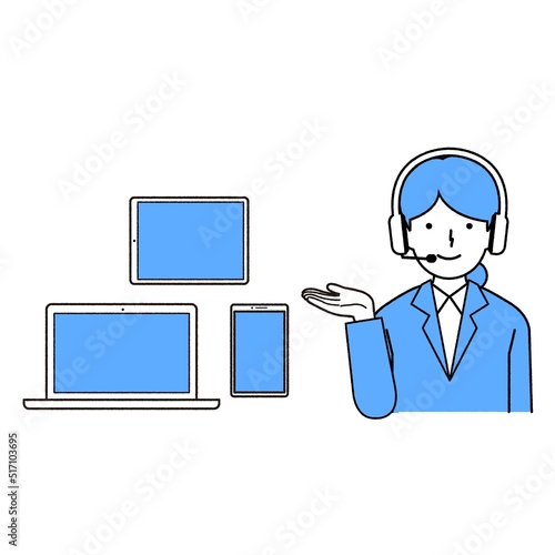 オペレーターの女性のイラスト　：　端末