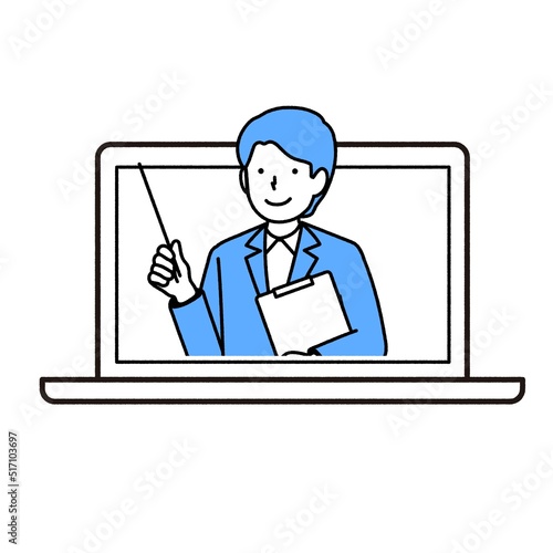 オンラインで授業をする男性　：　パソコン