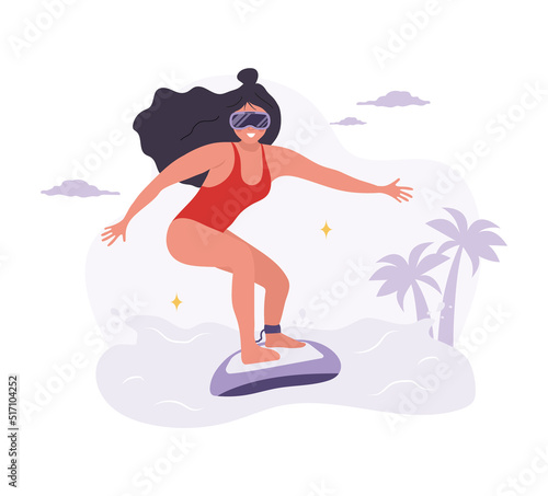 Woman in VR glasses surfing on waves in metaverse. Video game simulator. Cyberspace or Virtual reality concept. Modern technology entertainment. Vector illustration in flat cartoon style.
