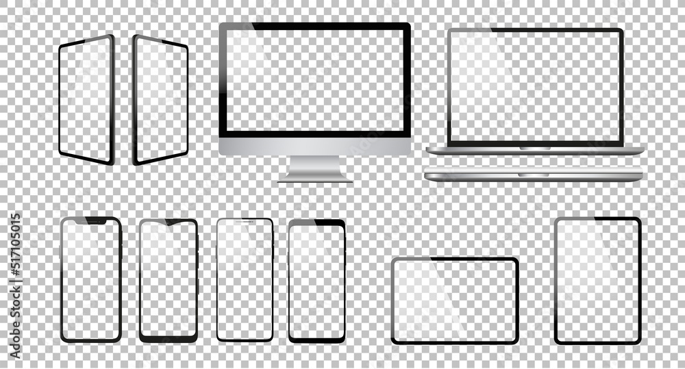 Realistic computer design vector icons. Notebook, tablet, and smartphone illustration. Transparent background and isolated screens. Realistic vector illustration.