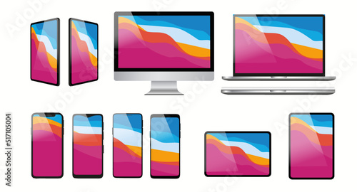 Realistic computer and electronic device collection. Isolated on a white background. With transparent and changeable screens and monitors. Vector illustration.