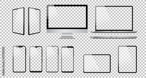 Realistic computer design vector icons. Notebook, tablet, and smartphone illustration. Transparent background and isolated screens. Realistic vector illustration.