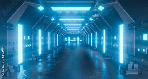 Spaceship interior architecture corridor,modern futuristic Sci Fi space,metal floor and light panels,white neon glowing light and fog,interior design background,cyber punk dark design,3d rendering