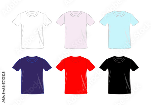 6 short sleeve T Shirt in different color, white, light pink, baby blue, navy, red and black, vector , transparent background 