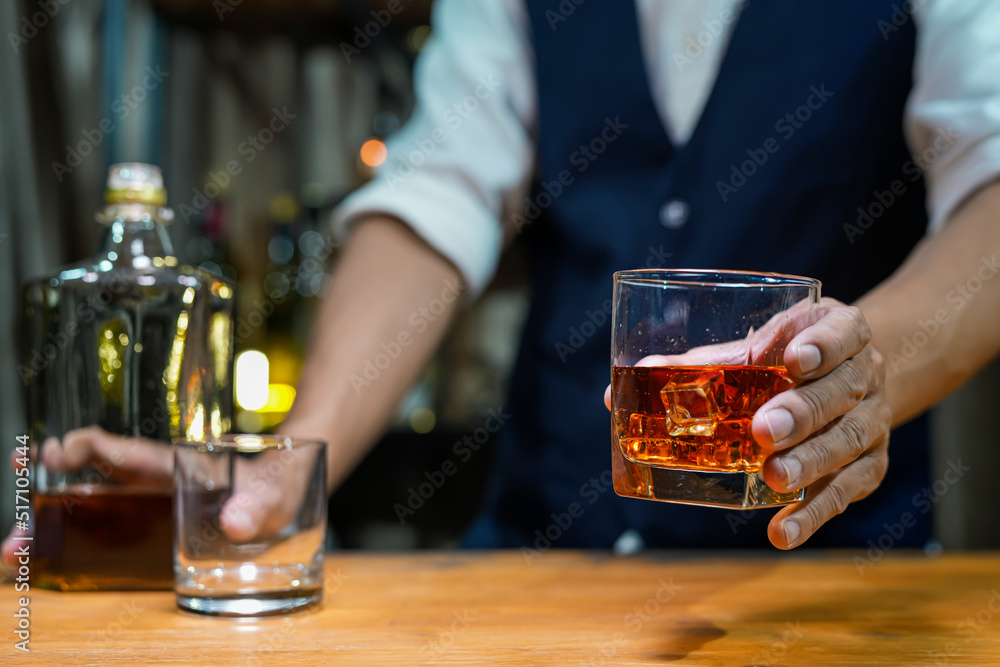 Bartender Serve Whiskey, on wood bar, Bartender Serve Whiskey, on wood bar,