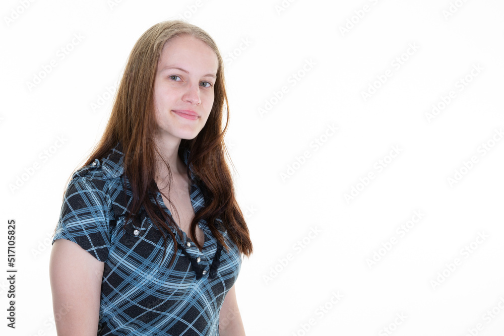 young woman portrait with long blond hair in front of a light background copy space young woman portrait with long blond hair in front of a light background copy space