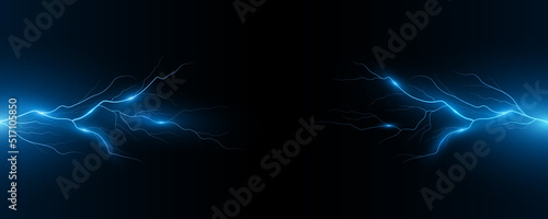 Realistic blue lightning effect isolated on black background. Thunderbolt with light effect. Thunderstorm for design your cover or banner. Vector illustration