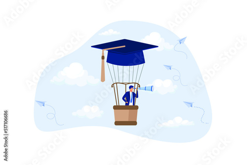 Education or knowledge to growth career path, businessman fly graduation mortar hat balloon see future vision. flat design modern illustration