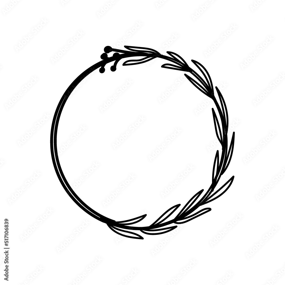 Frame with a flower circle, hand-drawn doodle. Elegant circular frame with a wreath. Leaves in a circle. Frame with floral elements, design element for wedding, greeting card. Vector illustration. Frame with a flower circle, hand-drawn doodle. Elegant circular frame with a wreath. Leaves in a circle. Frame with floral elements, design element for wedding, greeting card. Vector illustration.