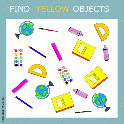 Find the yellow stationery for school character among others. Looking for yellow. Logic game for children. 
