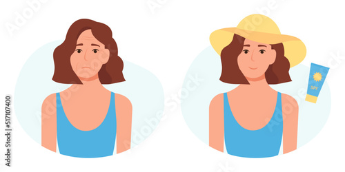 Woman with wrinkles and woman in hat with sunscreen. Before and after using Uv protection. Skin and wrinkles treatment, UV protection, using cream.  Vector illustration