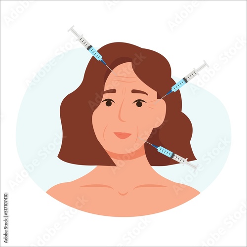 Facial injections against wrinkles and aging. Concept of women's health and beauty, cosmetology, body and skin care.