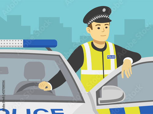 Close-up front view of a police officer leaning on the car door. Flat vector illustration template.