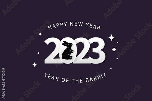 Happy new year 2023, new year numbers and text, rabbit silhouette.