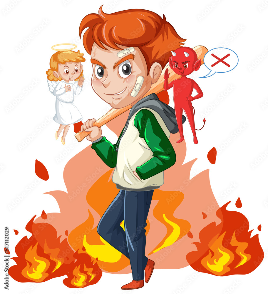 Cartoon character with devil and angel fighting in thought Cartoon character with devil and angel fighting in thought