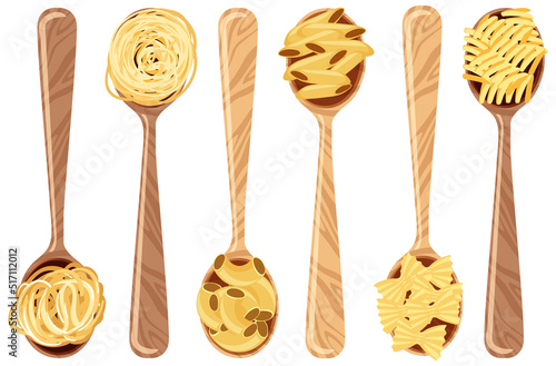 Set of different pastas on spoons