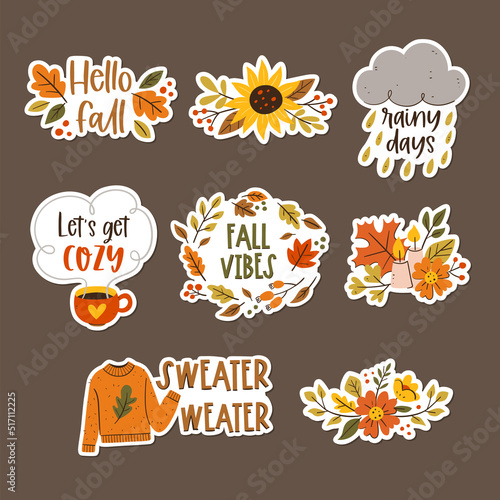 Cute autumn floral sticker collection. Hand-drawn colorful stickers with autumn decorative elements. Vector illustration. Set 1 of 2.