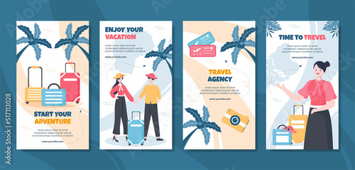 Travel Agency Social Media Stories Template Flat Cartoon Background Vector Illustration